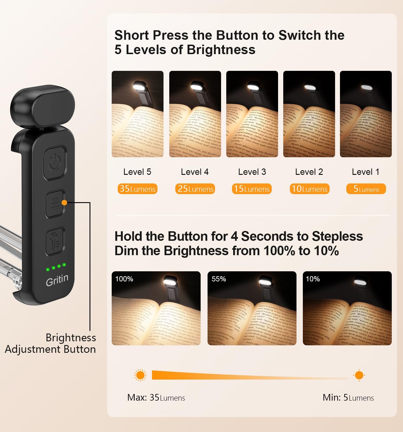 Gritin Reading Light, Rechargeable Book Light for Reading in Bed