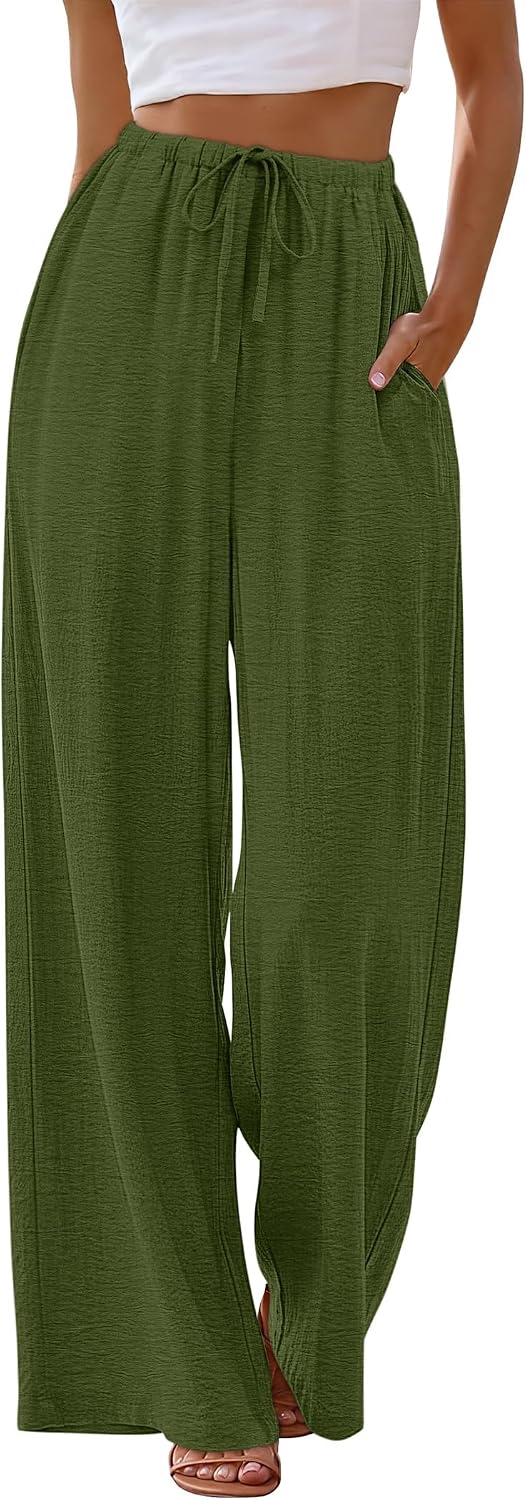 Sampeel Wide Leg Pants for Women Flowy Palazzo Drawstring Elastic Waist Trousers with Pockets Summer Beach Vacation Clothes