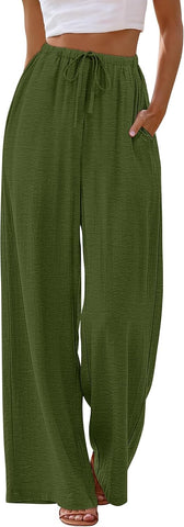Sampeel Wide Leg Pants for Women Flowy Palazzo Drawstring Elastic Waist Trousers with Pockets Summer Beach Vacation Clothes