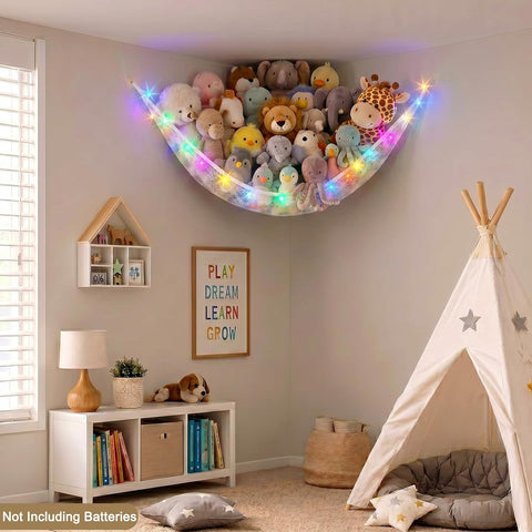 Stuffed Animals Hammock with LED Light Toy Net Room Decor Corner Storage