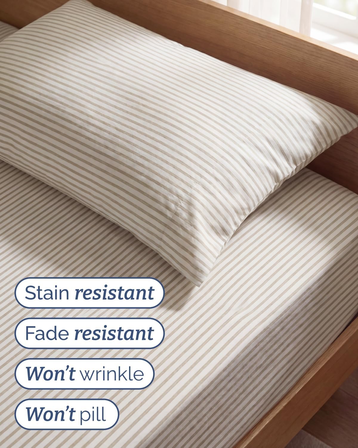 Twin Size 3 Piece Sheet Set - Breathable & Cooling Sheets - Beige Stripes