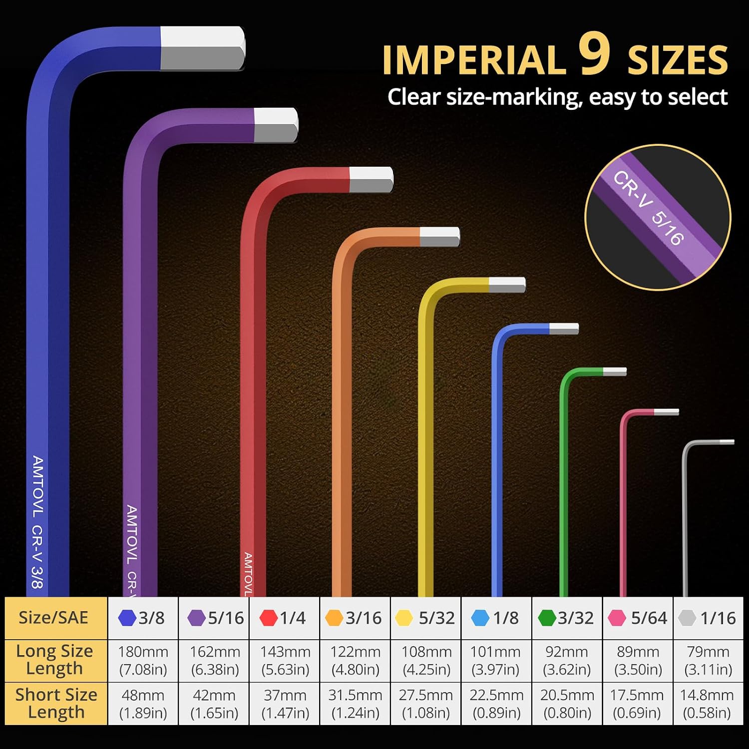 AMTOVL Hex Key Set, 9PCS Imperial Allen Key Set, 1/16-3/8Inch,Long Ball End