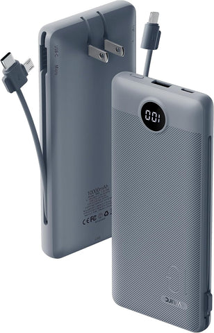VRURC Portable Charger Built-in Cables and AC Wall Plug, USB C Power Bank 10000mAh, Travel Battery Portable Phone Charger Compact Lightweight External Battery Pack for Smart Phones, Tablets etc-Grey