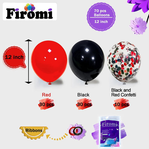 Firomi Red and Black Latex Balloons 12 Inch 70 pack Set (with 2 Ribbons)