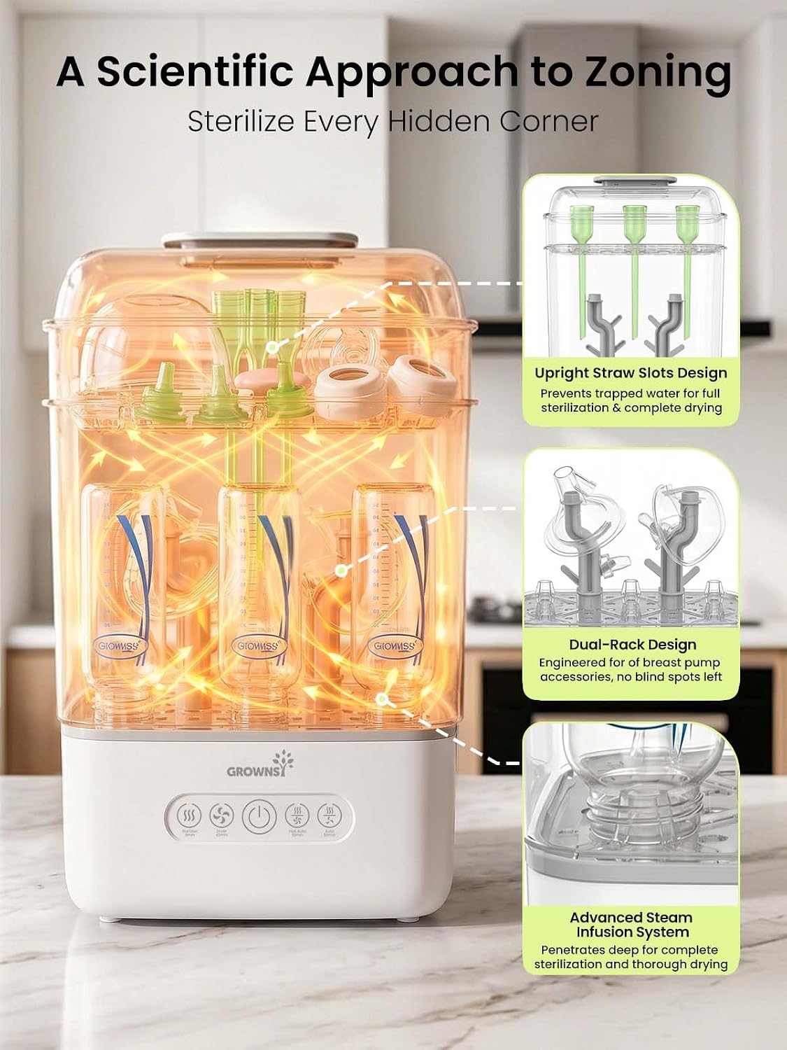 GROWNSY Baby Bottle Sterilizer and Dryer, 3-Tier, with Travel Kit