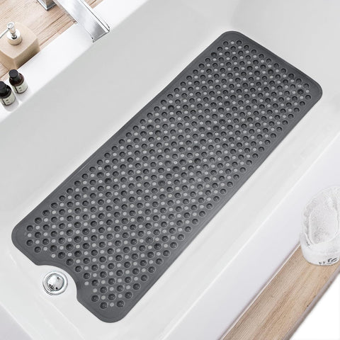 TEESHLY Bath Tub and Shower Mats, Non Slip 40 x 16 Inch Extra Large Bathtub Mat, Machine Washable Bathmat with Drain Holes, Suction Cups for Bathroom Floor, Clear Black