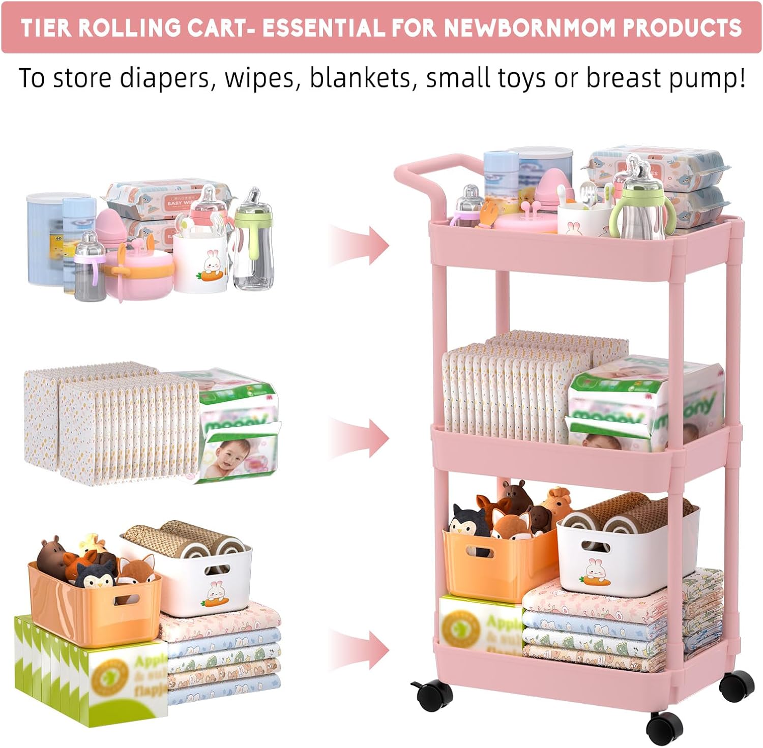 Volnamal Diaper Caddy, 3 Tier Rolling Cart for Baby Essentials, Pink