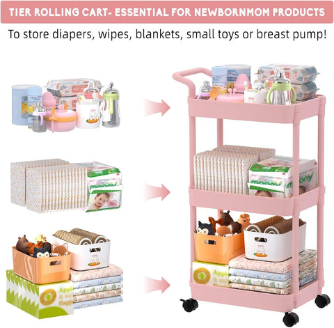 Volnamal Diaper Caddy, 3 Tier Rolling Cart for Baby Essentials, Pink