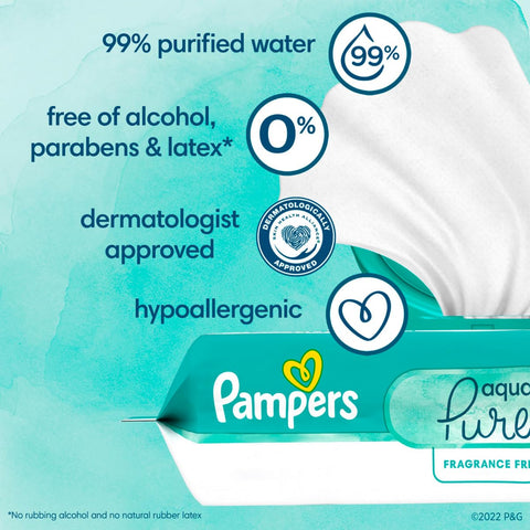 Pampers Aqua Pure Sensitive Baby Wipes, 99% Water, Hypoallergenic, Unscented Baby Wipes, 448 Baby Wipes Total (8 Flip-Top Packs)