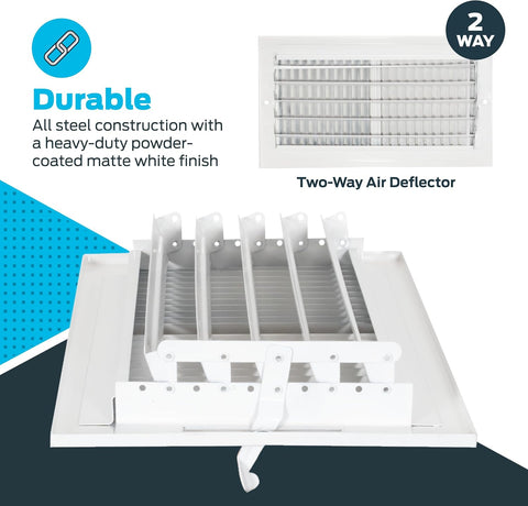 EZ-FLO 12 x 6 Inch (Duct Opening) Air Vent Cover for Wall or Ceiling, Two-Way Ventilation Register, Solid Steel HVAC Register Cover, White, 61612