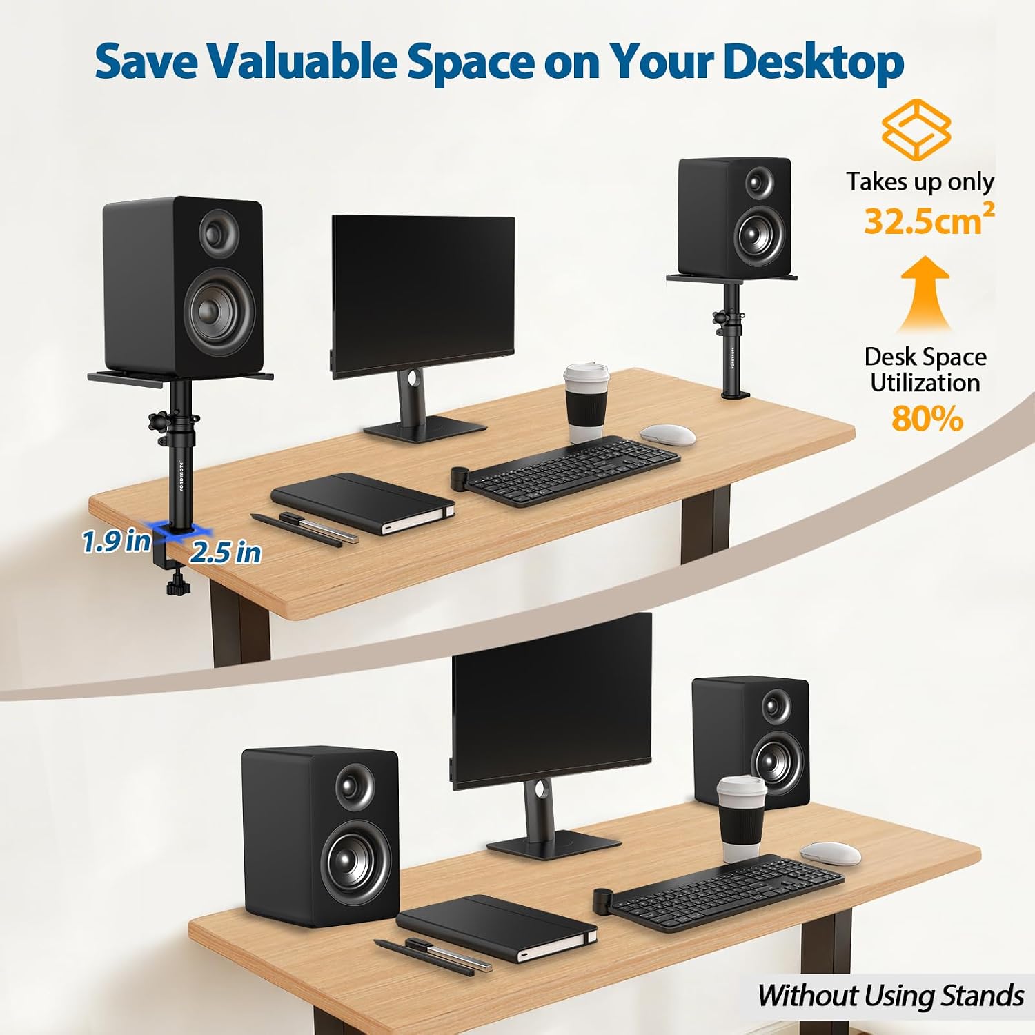 Vondynote Set of 2 Desktop Clamp Speaker Stands Short Studio Monitor Stands Height Adjustable