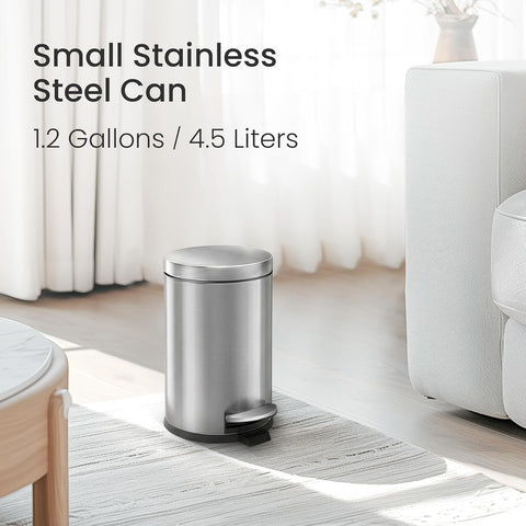 Cesun Small Round Bathroom Trash Can with Lid Soft Close, 1.2 Gal, Silver