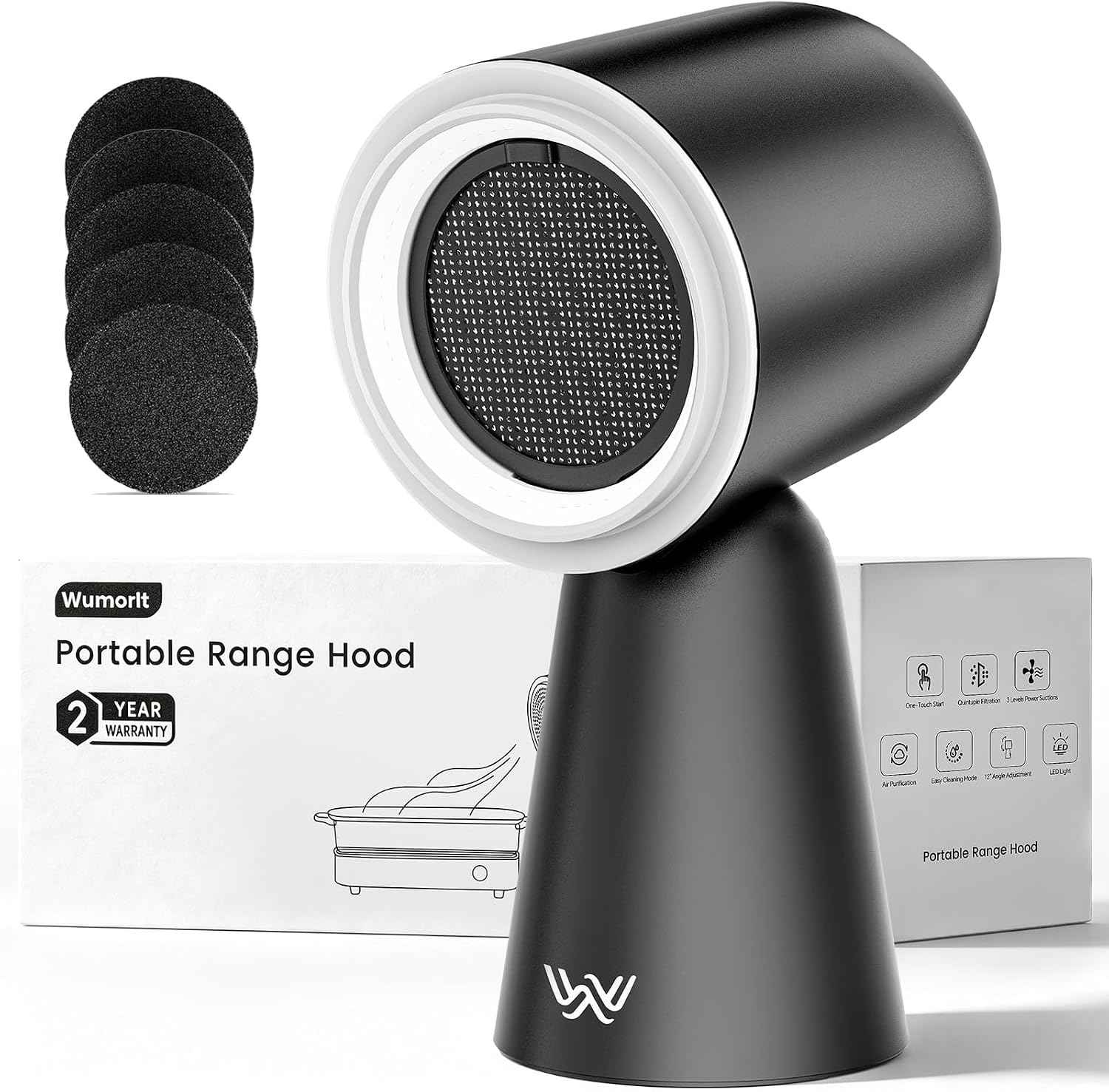 Portable Range Hood with Light, Desktop Kitchen Exhaust Fan with Water Washing Self-Cleaning Mode, 12° Adjustable Head, 3-Speed, Low Noise, Ideal for Apartment, RV, Indoor Hot Pot and BBQ (Black)