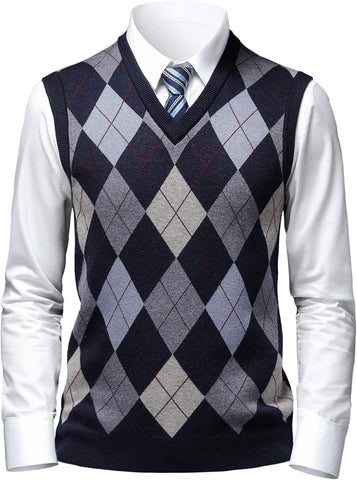 Mens Thick Argyle Sweater Vests Classic V-Neck Knitwear Sleeveless Pullover Autumn Winter Warm Tank Tops