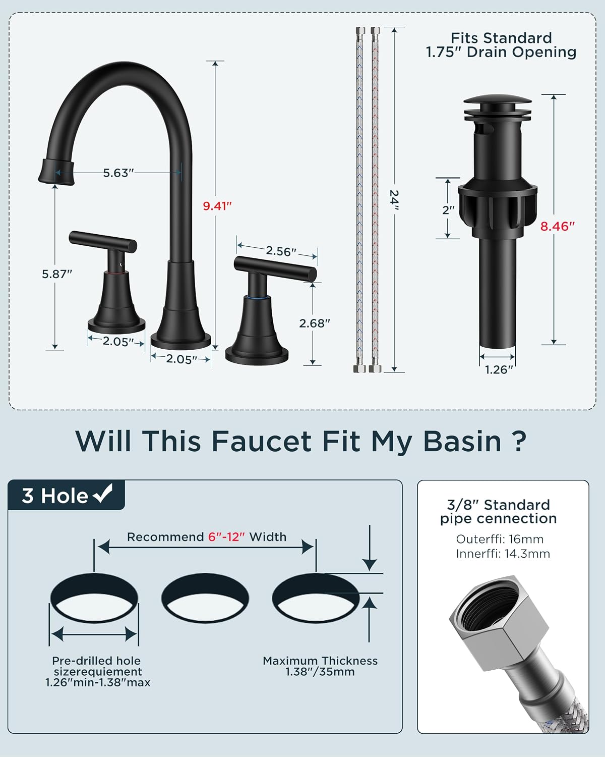 FORIOUS Black Bathroom Faucet 3 Hole, 8" Widespread Bathroom Vanity Faucet