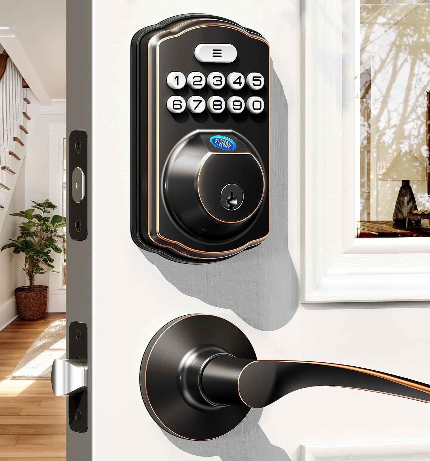 Veise KS02B Fingerprint Door Lock with 2 Lever Handles, Oil Rubbed Bronze