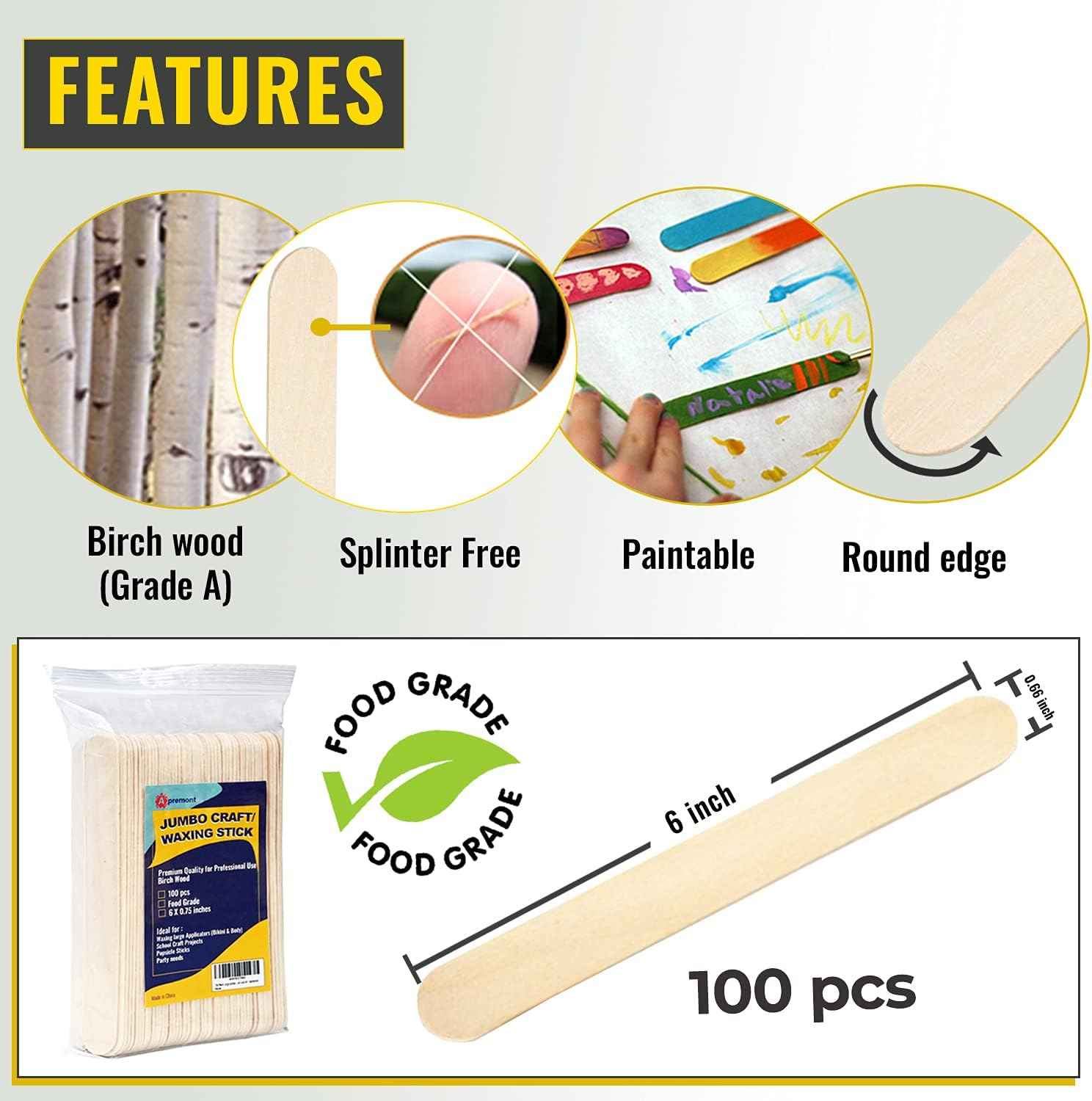 Apremont 100 Piece 6 Inch Large Jumbo Wooden Craft Sticks, Premium Natural Organic Wood for Waxing, Craft Project, Tongue Depressor, Popsicle, Ice Cream Stick,Woodcraft, Paint Stirrer and Art