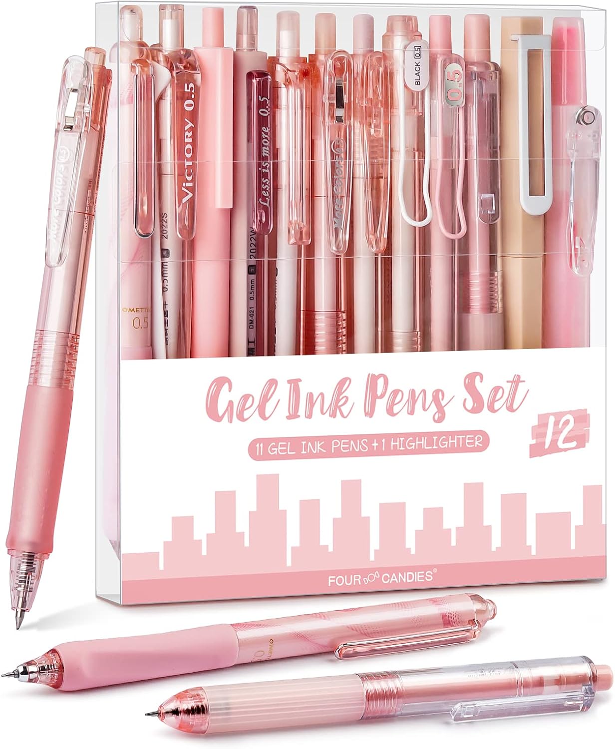 Four Candies Rose Gel Pens, Pink Barrels, Black Ink, 0.5mm, 12 Count