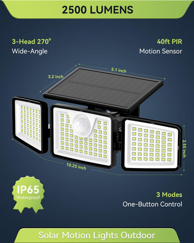daphino 2500LM Solar Lights, Motion Sensor Outdoor Lights, 3-Head, 2 Pack