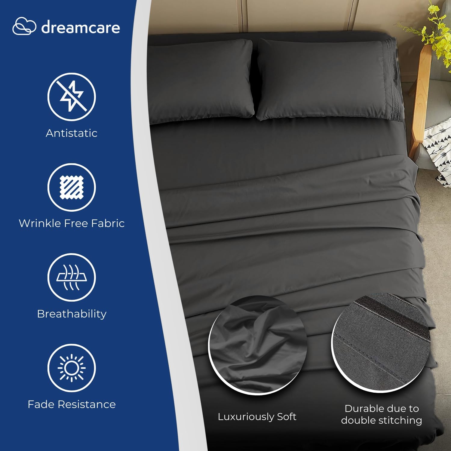 DREAMCARE Twin XL Sheets - Twin XL - Extra Deep - Gray