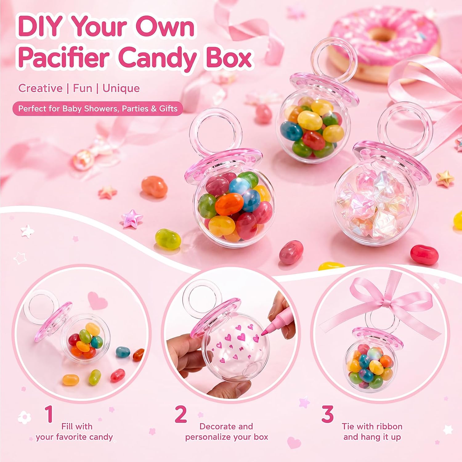 Nuenen 24 Pcs Baby Shower Favors, Mini Pacifier Candy Bottles 3.15", Pink