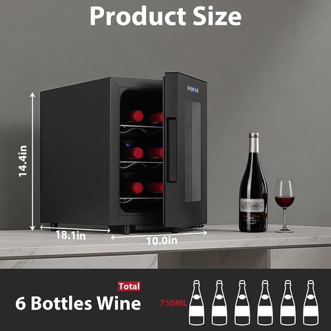 Iceblue Wine Fridge, Digital Temperature Control White & Red Wine 6 Bottle Wine Cooler with Wine Rack, Champagne Wine Cooler Refrigerator for Bar, Home,Kitchen,Gift (Black)