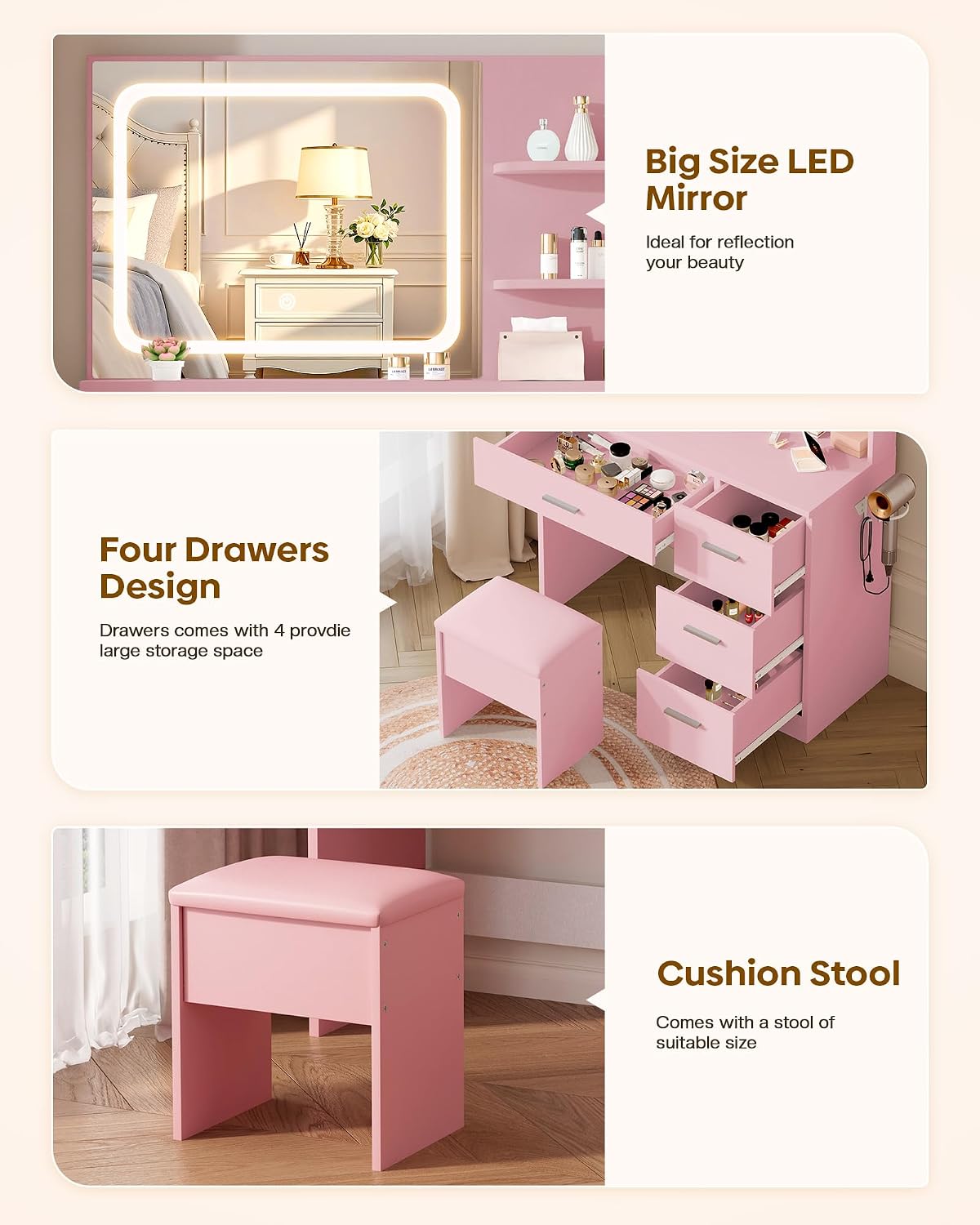 LIVELYGLOW Makeup Vanity Desk Set, 35.4" Wx15.7”Dx53.9“H, Pink (Smart LED Mirror, with Cushion Stool, Hairdryer Rack, Power-Outlet, 4 Drawers, Open Shelves)