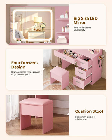 LIVELYGLOW Makeup Vanity Desk Set, 35.4" Wx15.7”Dx53.9“H, Pink (Smart LED Mirror, with Cushion Stool, Hairdryer Rack, Power-Outlet, 4 Drawers, Open Shelves)