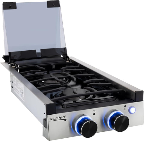 RecPro 2 Burner RV Gas Cooktop, Stainless Steel, Cover Included