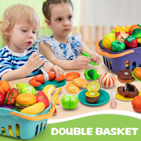 115 Pcs Cutting Play Food Toy for Kids with 2 Colors Storage Baskets