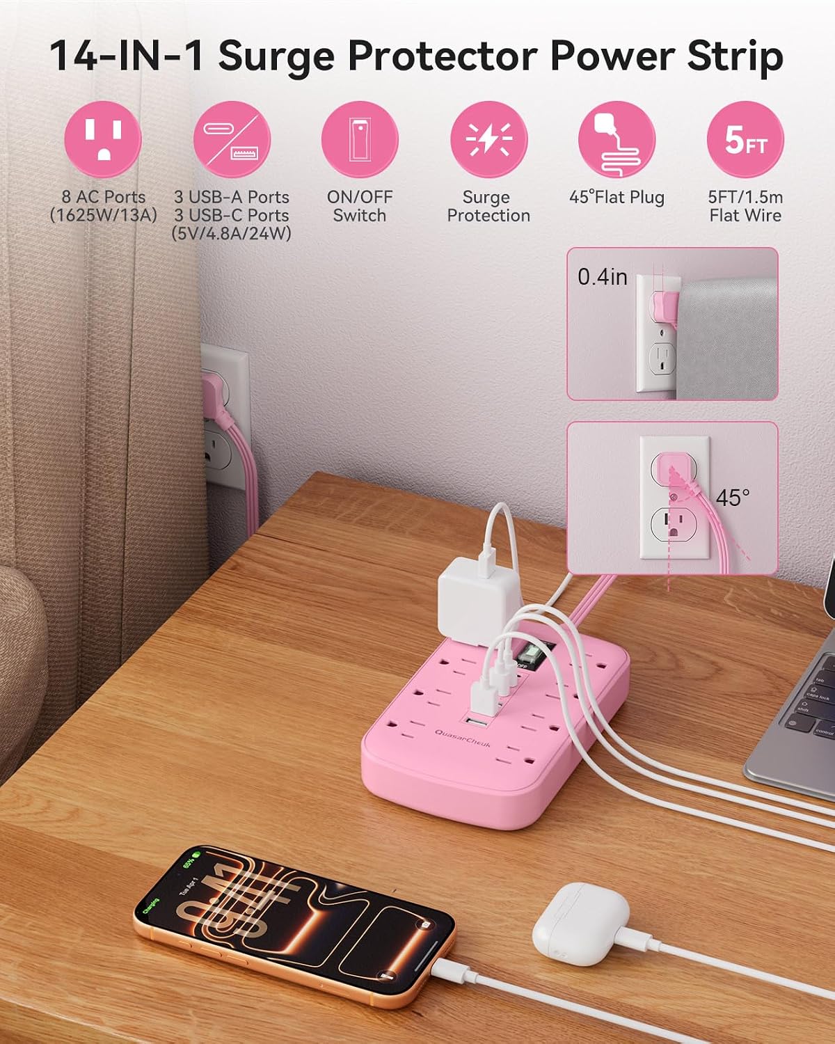 Pink Extension Cord with Surge Protector, 5 FT Flat Plug Power Strip