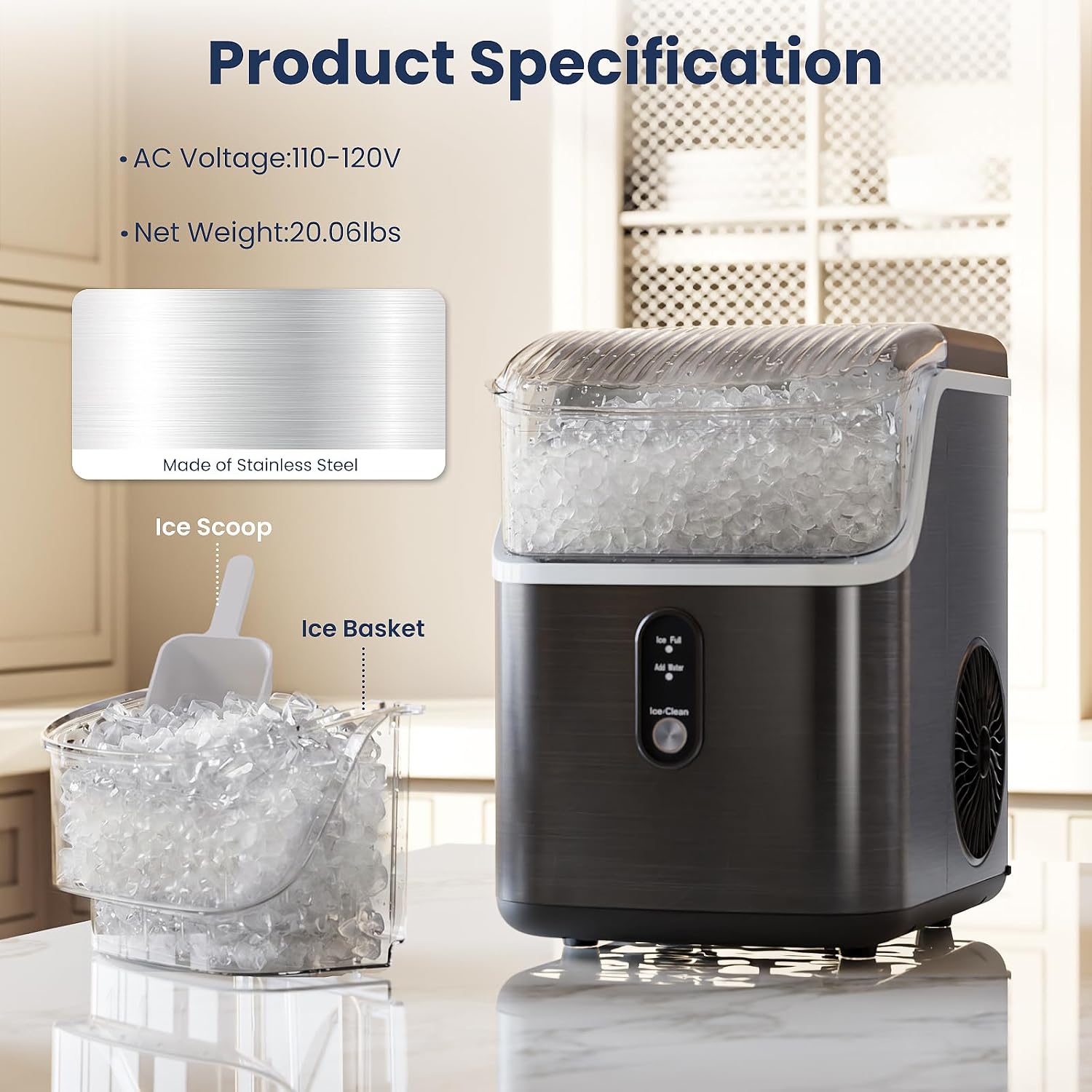 Antarctic Star Nugget Ice Makers Countertop with Self-Cleaning, 35lbs/24H, Portable Sonic Ice Maker Machine with Handle/Basket/Scoop for Home, Kitchen, Office, Camping(Black)