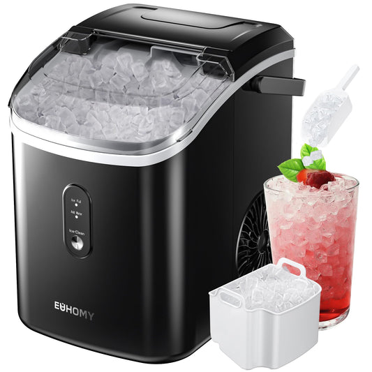 EUHOMY Nugget Ice Maker Countertop with Handle, Ready in 6 Mins, 34lbs/24H, Removable Top Cover, Auto-Cleaning, Portable Sonic Ice Maker with Basket and Scoop, for Home/Party/RV/Camping. (Black)