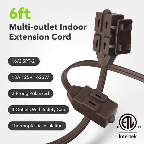 BN-LINK 6ft Indoor Extension Cord, 2 Pack, 3-Outlet Polarized Flat Cable, Household Power Cord for Home, Office, and Holiday Decorations, Brown