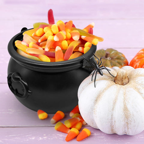 SpinLaLa 8" Plastic Black Cauldron Kettle Halloween Candy Bowl, Large Witch Cauldron Pot Bucket for Halloween Decorations Trick or Treat Party Supplies