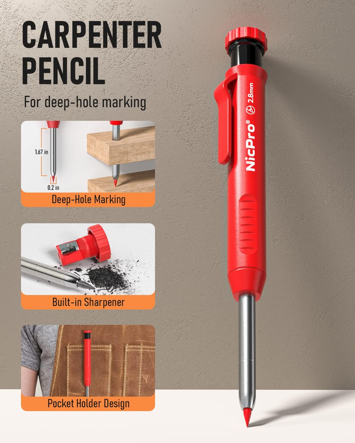 Nicpro 1 Pack Carpenter Pencil with Sharpener, 2.8 mm Construction Pencil