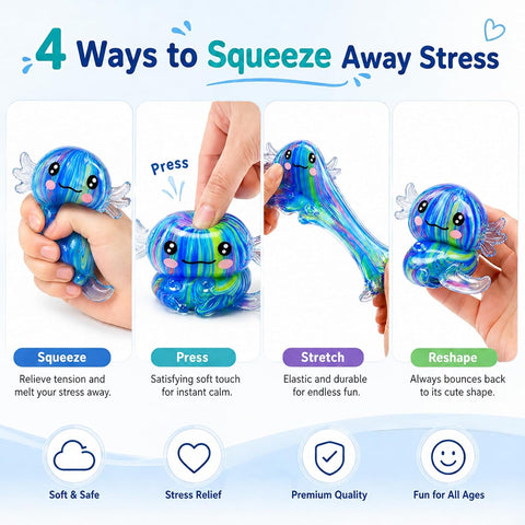 2 Packs Axolotl Squishy Stress Relief Toy, Glitter Stretchy Axolotls Stress Soft Squeeze Sensory Fidget Toys for Kids Adults, Cute Axolotls Squishies Party Favors Classroom