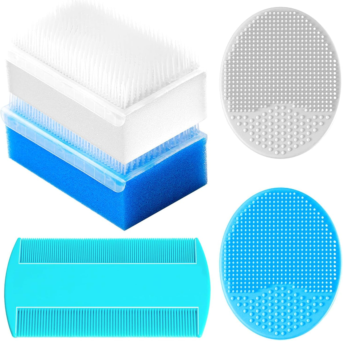 Cradle Cap Brush for Babies, Baby Bath Essentials with Silicone Scrubber Bath Sponge Dual-Sided Comb for Newborns Toddlers Boys Girls (Blue,Set of 5)