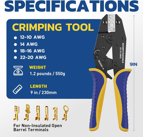 haisstronica Crimping Tool for Open Barrel Terminals, AWG 22-10, HS-5327