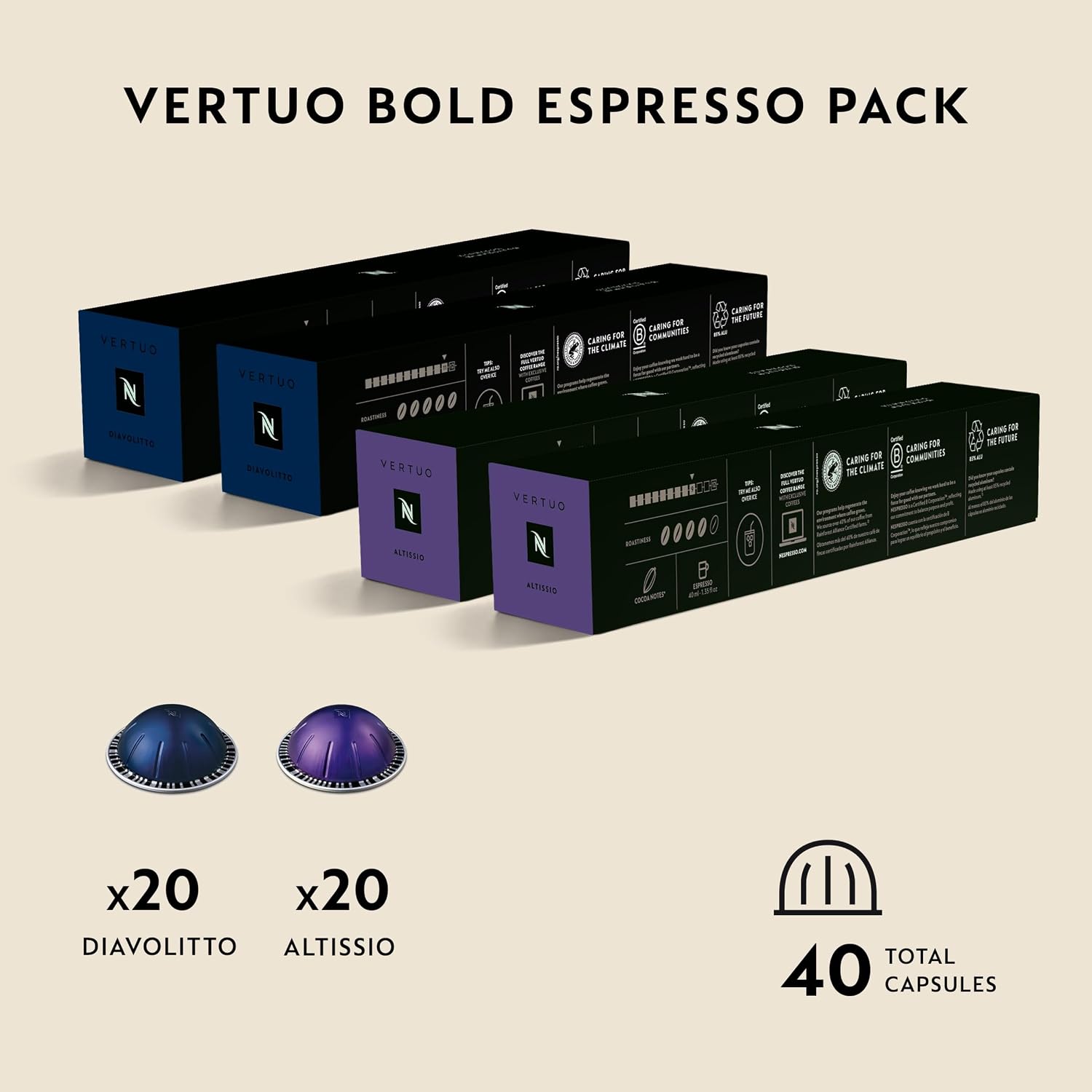 Nespresso Vertuo, Espresso, Bold Variety Pack, 40-Count Espresso Pods | Capsules Medium and Dark Roast Coffee Pack of 1