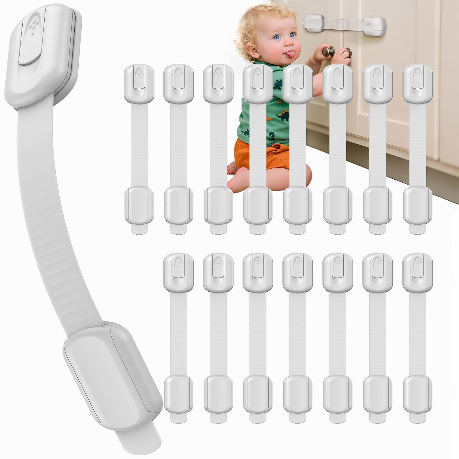 Infinno 16 Pack Cabinet Locks Baby Proofing Heavy Duty - Child Safety Cabinet Locks for Drawers, Cupboards & Fridge – No Drill 3M Adhesive Locks for Pets - Toddler Safety Latches-Gery