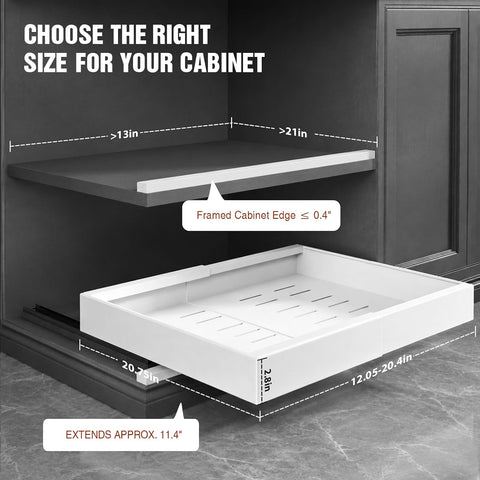 Seinloes 4 Pack Expandable Pull Out Cabinet Organizer 21"Deep With Raising Pad for Framed Cabinets,Upgrade 3 Slide Rails Slide Out Drawers,No Drill Roll Out Shelves,Adjustable Width 12.1"-20.4" White