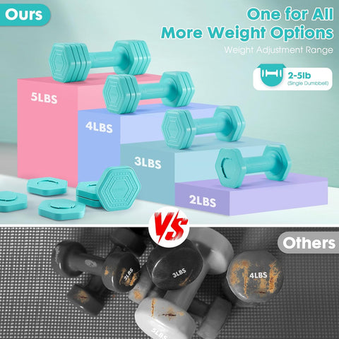 EQUIPRO Adjustable Dumbbell Set, 4 in 1 Free Weights Dumbbells Set for Women, Weights for Women at Home, 2lb 3lb 4lb 5lb with TPU Soft Rubber Handle for Home Gym Exercise Training