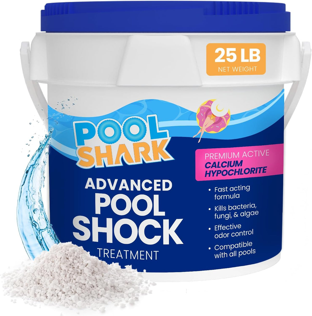 POOL SHARK 68% Calcium Hypochlorite Pool Shock | 25 lb Bucket Chlorine Granules | Pool Shock Treatment for Swimming Pools | Inground & Above Ground Pool Cleaning, Fast-Acting Chlorine Shock