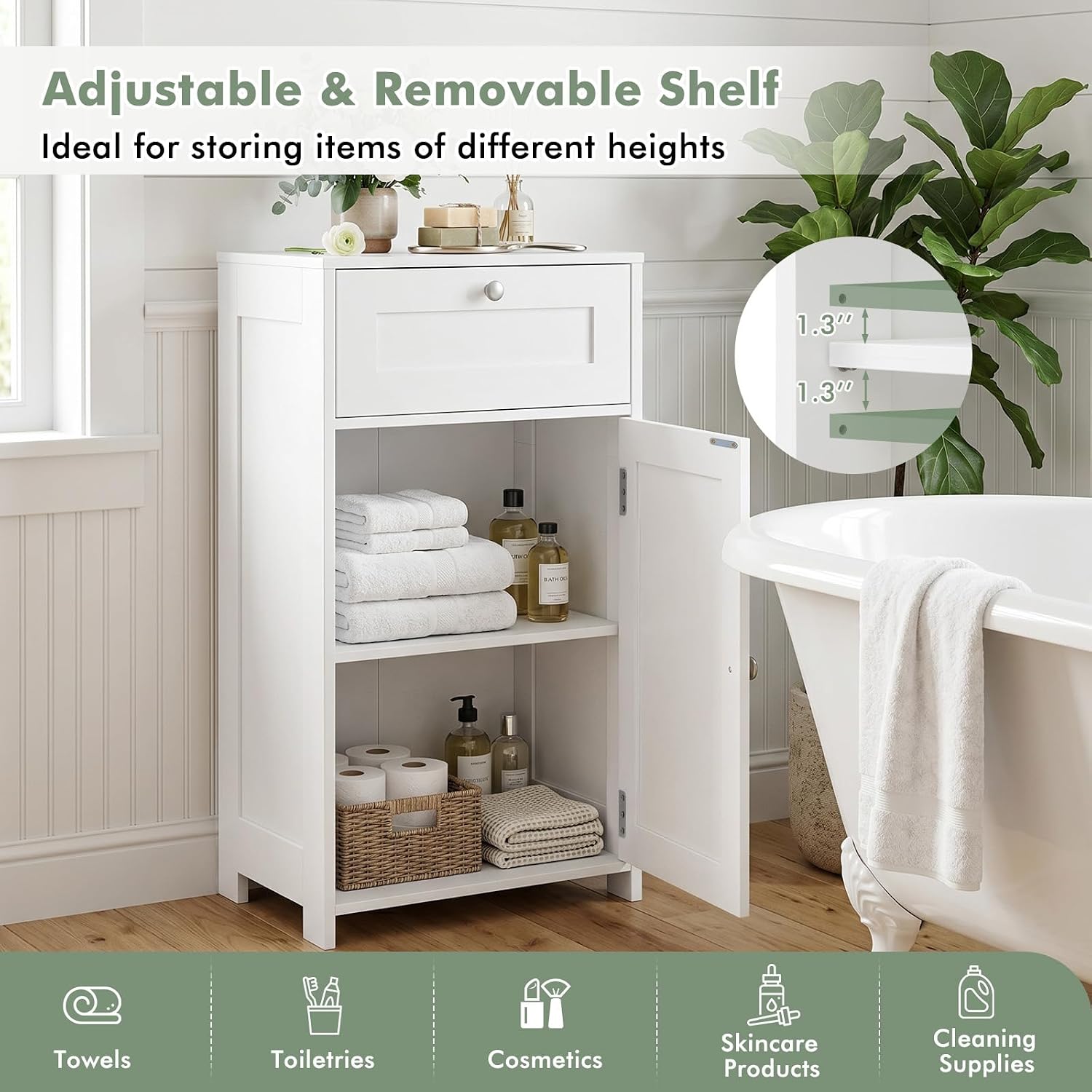 GIANTEX Floor Bathroom Storage Cabinet with Door and Drawer (White)