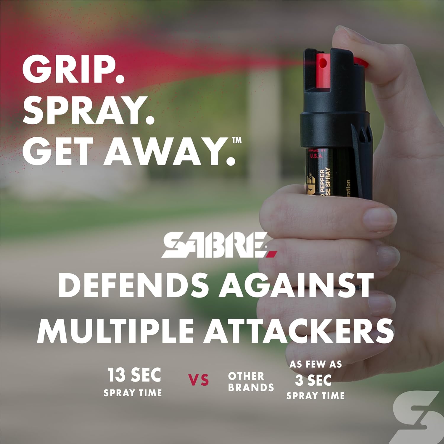 Sabre Compact 3‑in‑1 Pepper Spray, Tear Gas & UV Marking Dye Defense Spray - Maximum Police Strength OC Spray, Up to 16-ft Range, 13 Second Spray Time, Twist Lock Safety with Belt Clip, 0.75 fl oz