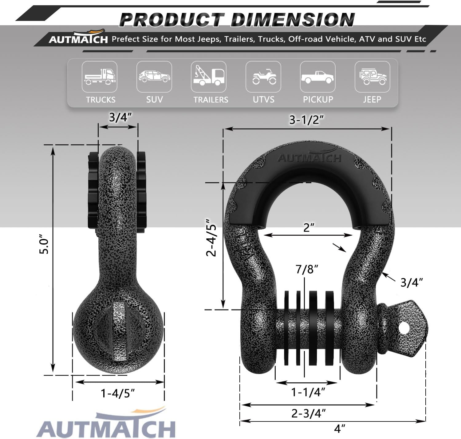 AUTMATCH 3/4" D Ring Shackles (2-Pack) - 41,887 lbs Break Strength