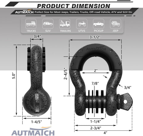 AUTMATCH 3/4" D Ring Shackles (2-Pack) - 41,887 lbs Break Strength