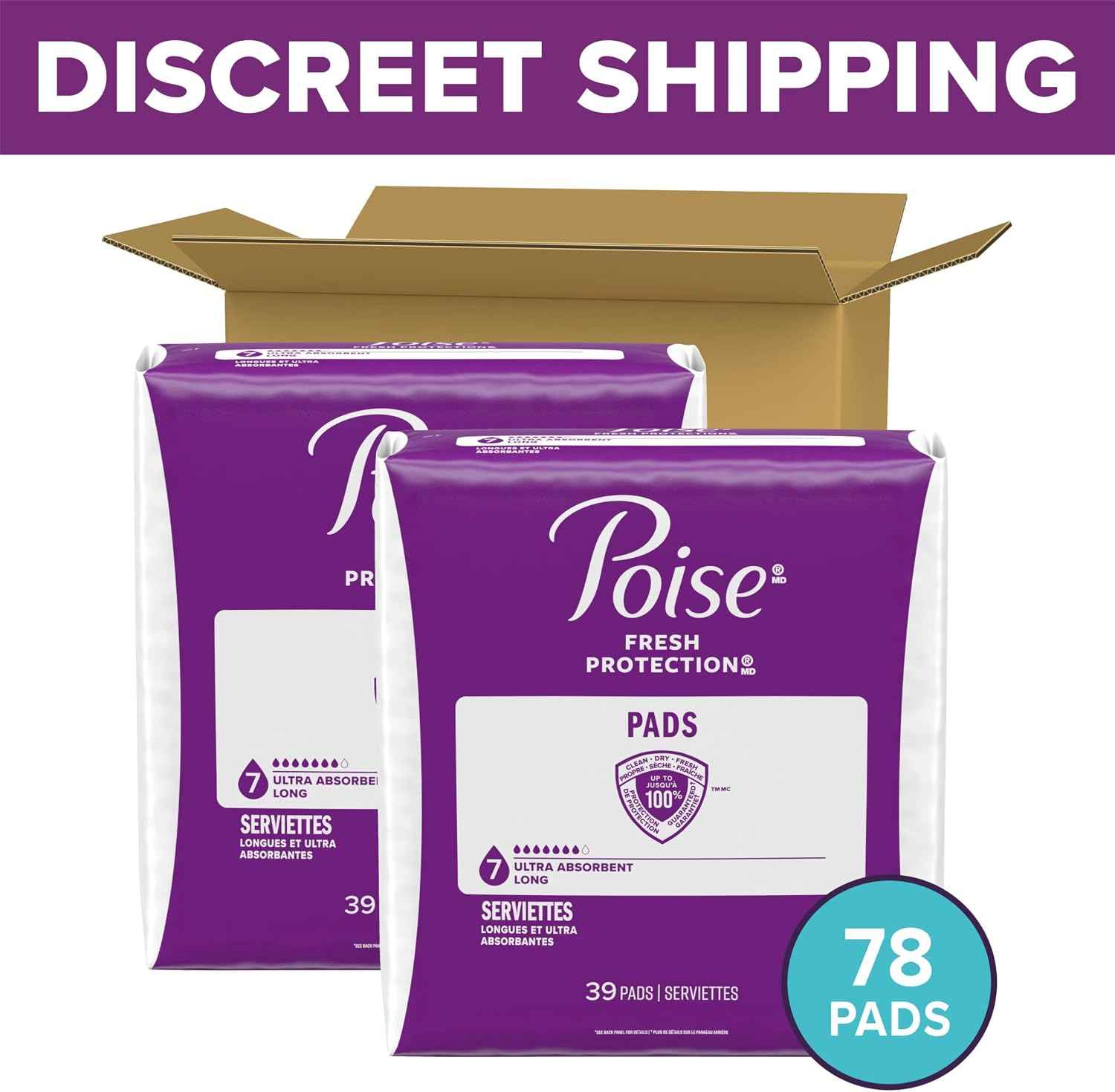 Poise Incontinence & Postpartum Pads for Bladder Leaks, 7 Drop Ultra Absorbency, Long Length, 78 Count, Packaging May Vary