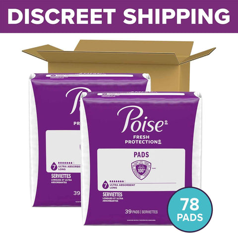 Poise Incontinence & Postpartum Pads for Bladder Leaks, 7 Drop Ultra Absorbency, Long Length, 78 Count, Packaging May Vary